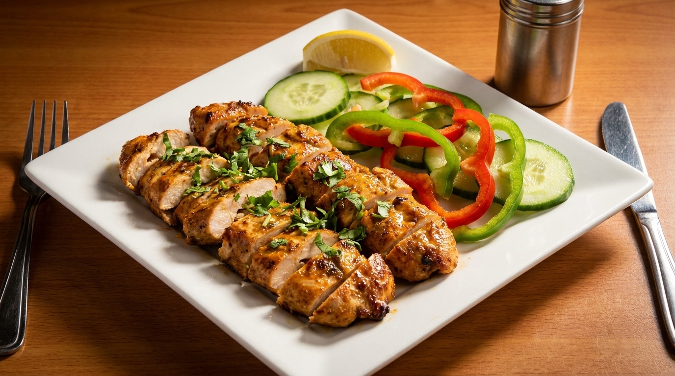 Grilled chicken breast slices with fresh cucumber, bell peppers, and a lemon wedge on a white plate.