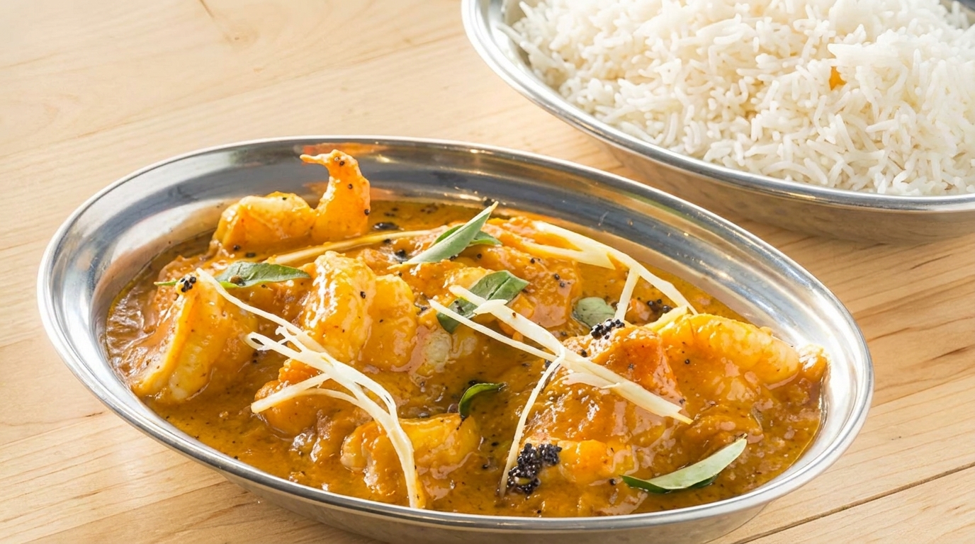 Shrimp curry in a silver bowl, garnished with ginger and herbs, with a side of white rice.