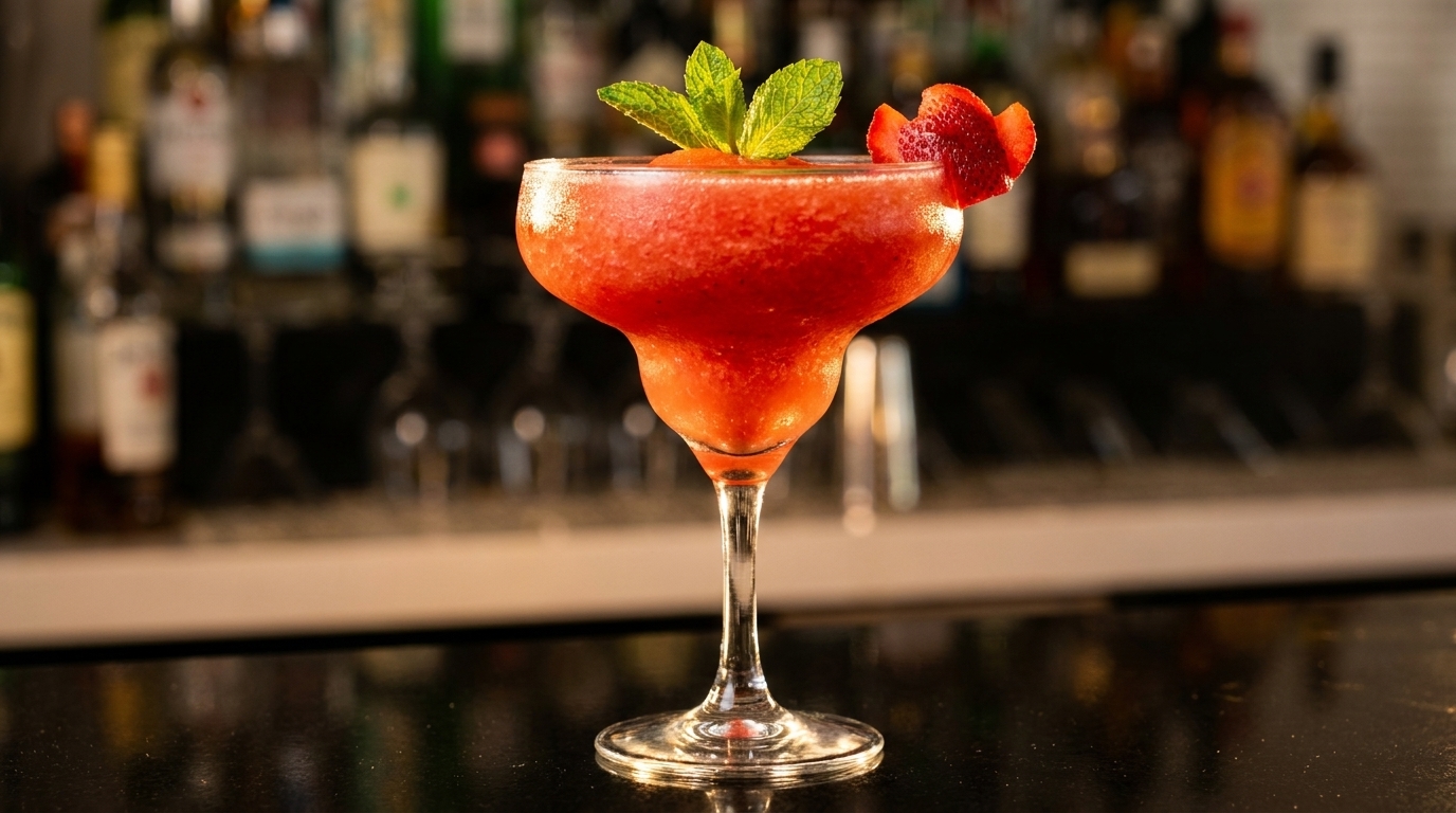 A vibrant red strawberry daiquiri in a margarita glass, garnished with mint and a strawberry slice.