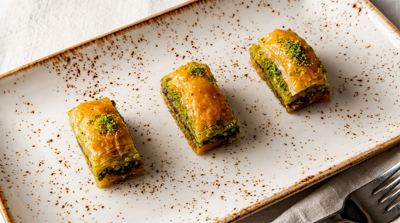 Three pieces of baklava with chopped pistachios on a speckled rectangular white plate.