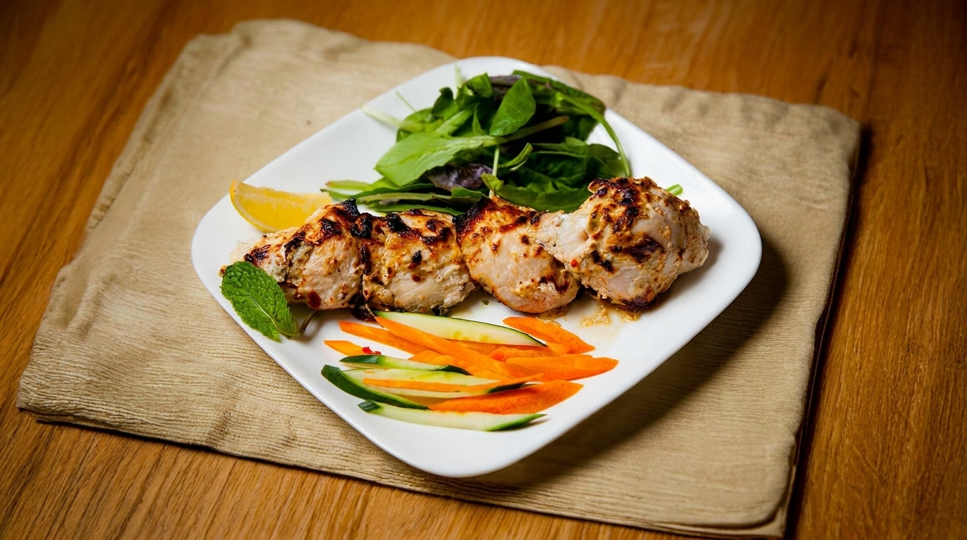 Grilled chicken pieces with a side of fresh green salad, lemon, and julienned carrots and cucumbers.