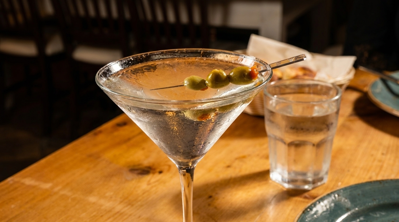 A martini with three olives on a skewer, next to a glass of water on a wooden table.