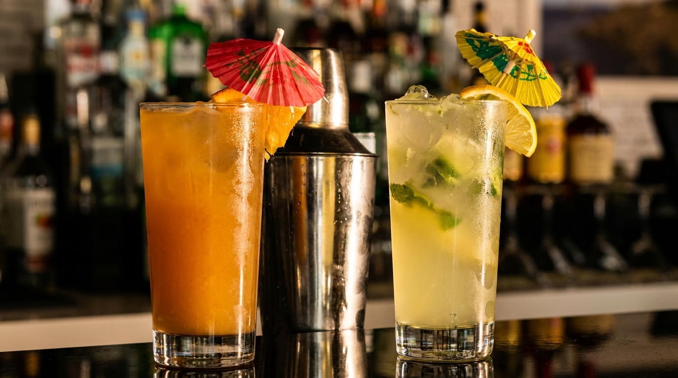 Two colorful cocktails with umbrellas and a shaker on a bar, with liquor bottles in the background.