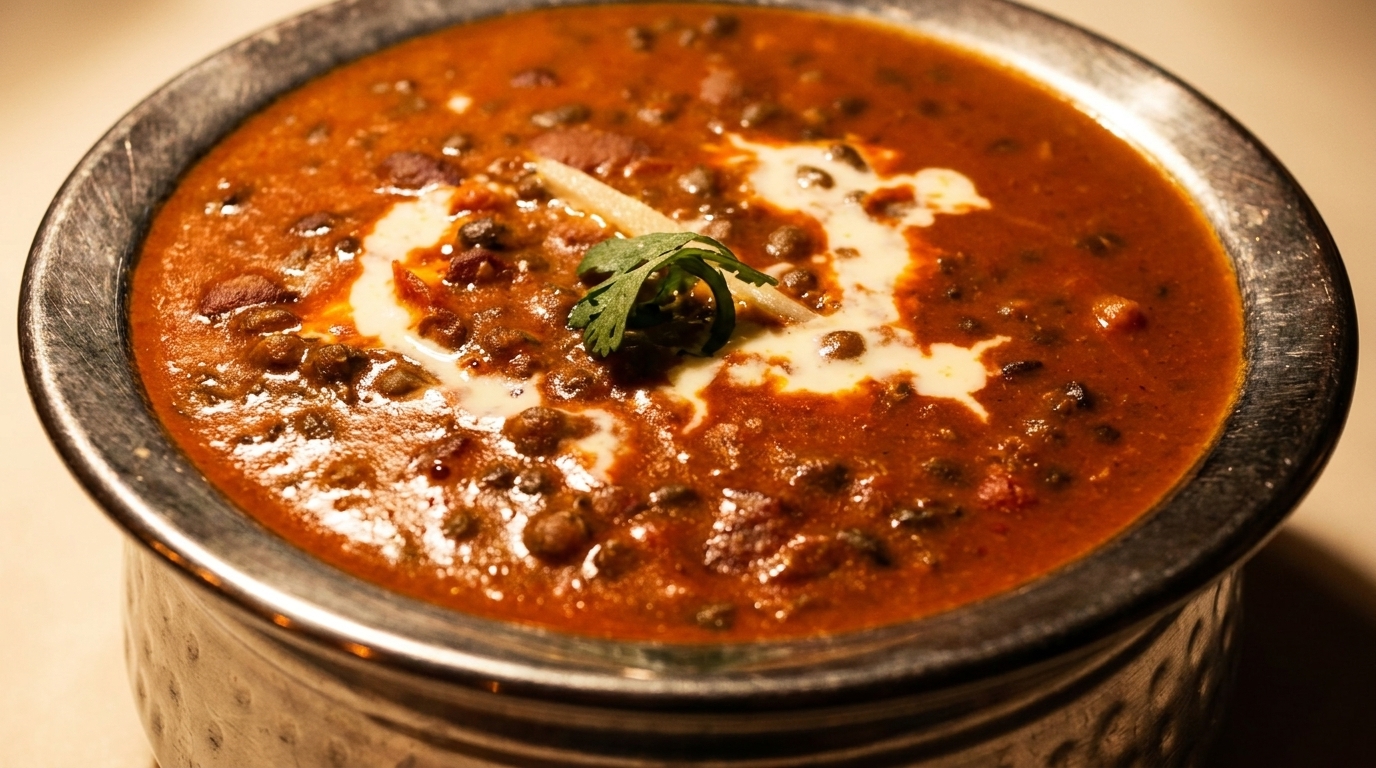 Close-up of a bowl of dal makhani, garnished with cream, cilantro, and ginger.
