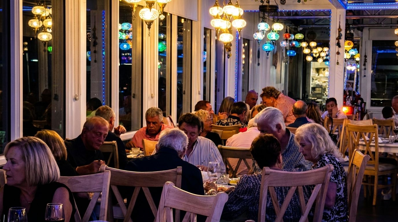 Diners seated at tables in a restaurant with colorful, ornate hanging lamps illuminating the space.