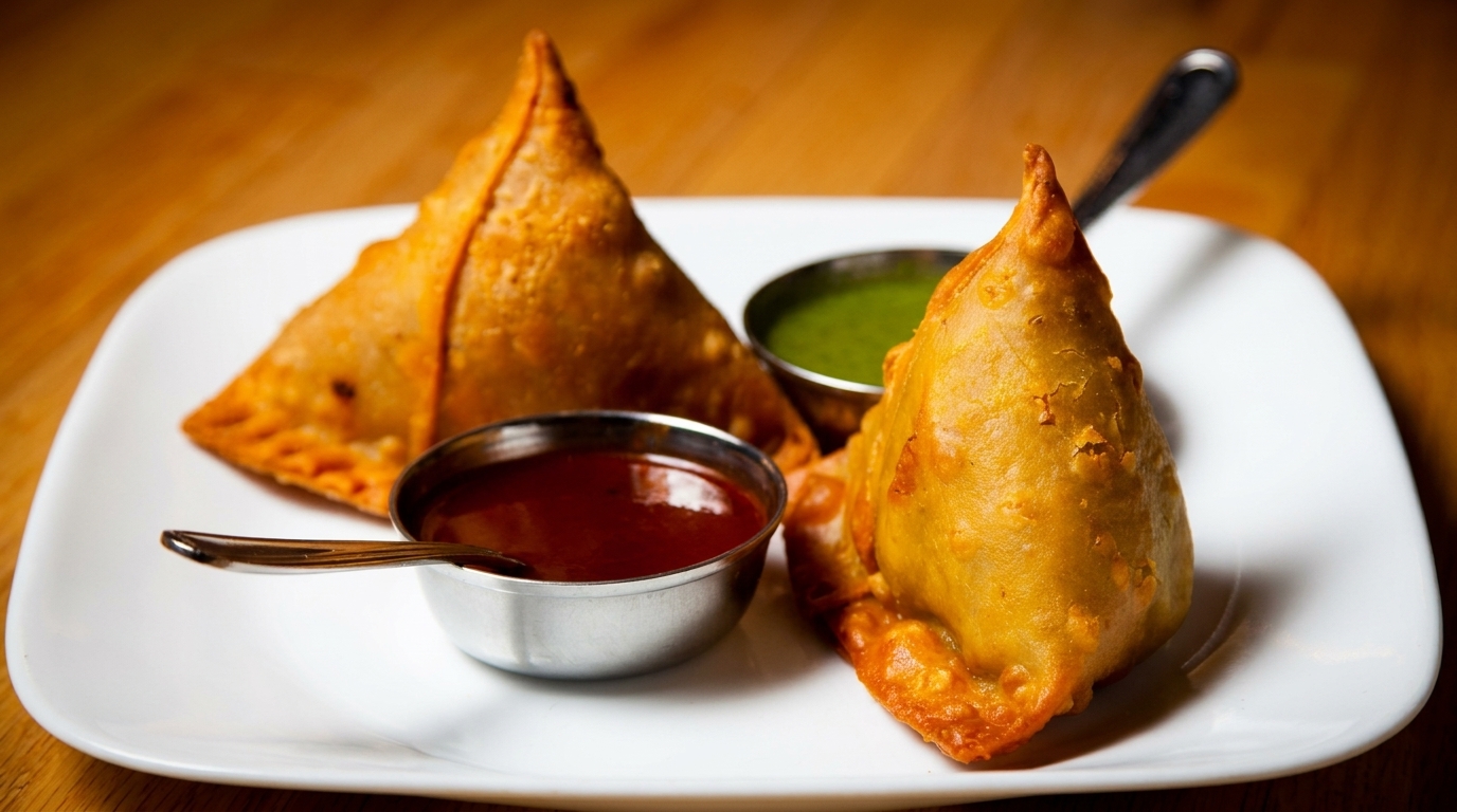 Two golden-brown samosas with small bowls of red and green chutney on a white plate.
