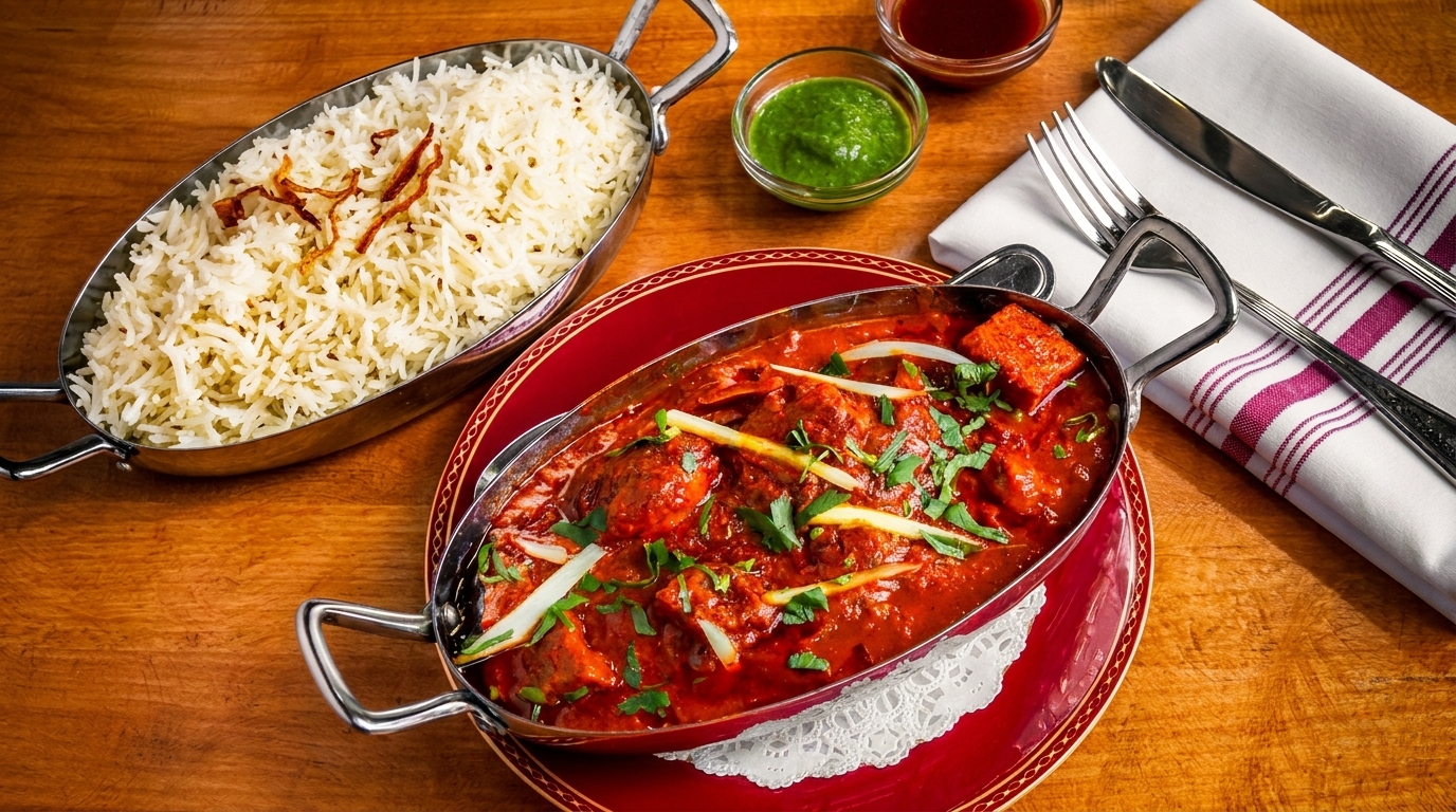 Indian chicken curry and rice in metal serving dishes with green chutney and cutlery.