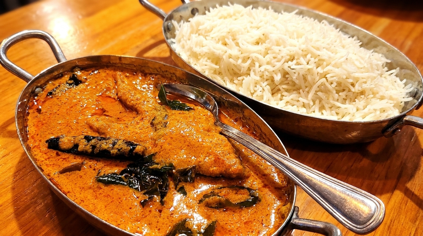 Two metal bowls of Indian food, one with orange curry and the other with white rice.