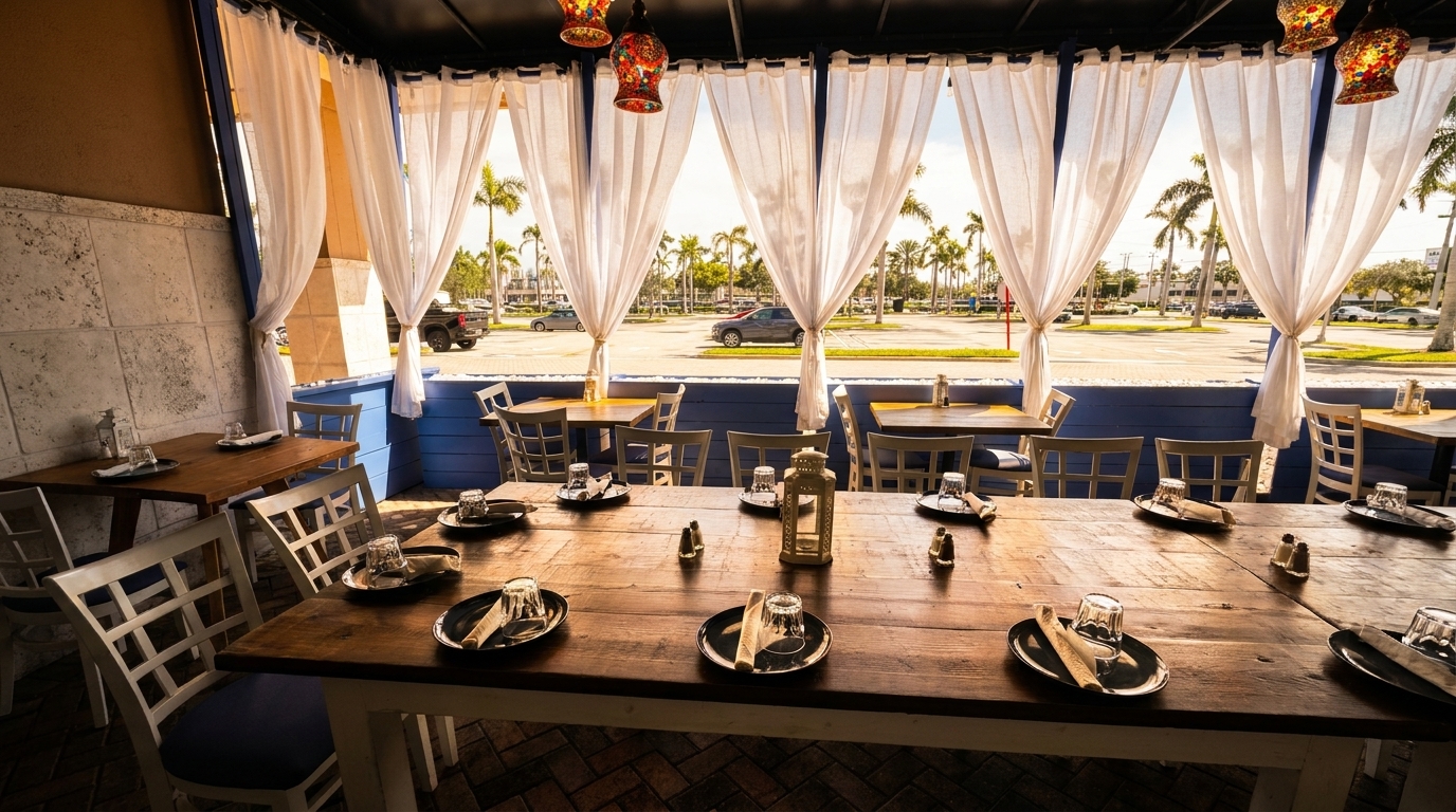 Outdoor restaurant patio with wooden tables, white chairs, and sheer curtains overlooking a street with palm trees.