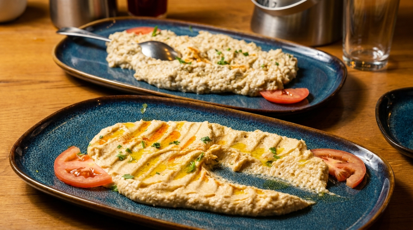 Two blue plates of hummus and baba ghanoush, garnished with tomato slices and olive oil.