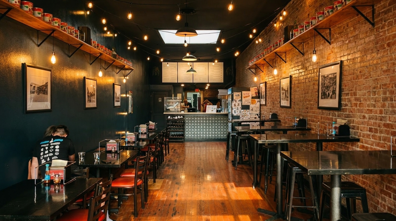 Cozy restaurant interior with string lights, dark walls, brick, wooden floors, and a couple dining.
