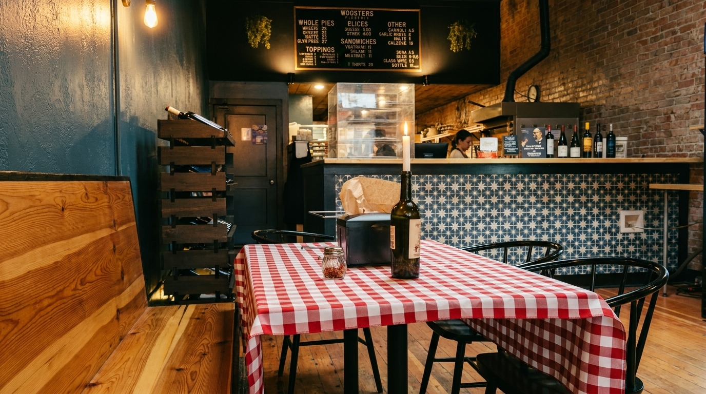 Cozy restaurant interior with a red and white checkered tablecloth, wine bottle candle, and menu board.