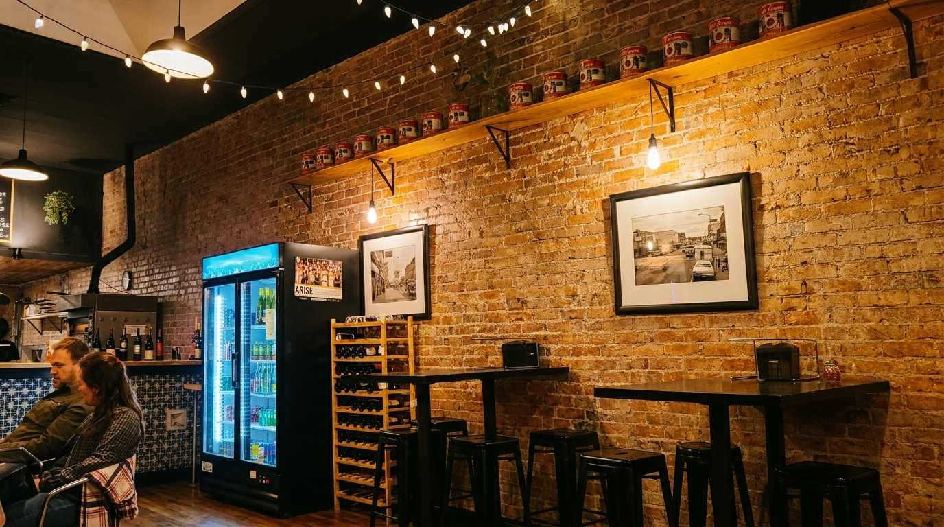 Cozy restaurant interior with brick walls, string lights, high-top tables, and a couple seated at a bar.