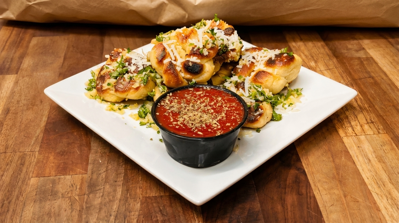 Garlic knots with parmesan cheese and herbs, served with a side of marinara sauce.