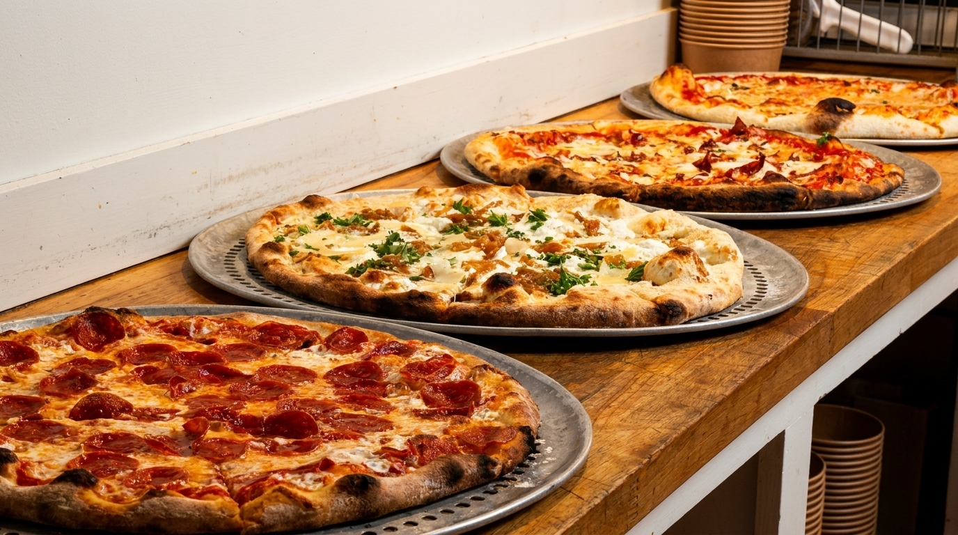 Four freshly baked pizzas, including pepperoni and white varieties, on a rustic wooden counter.