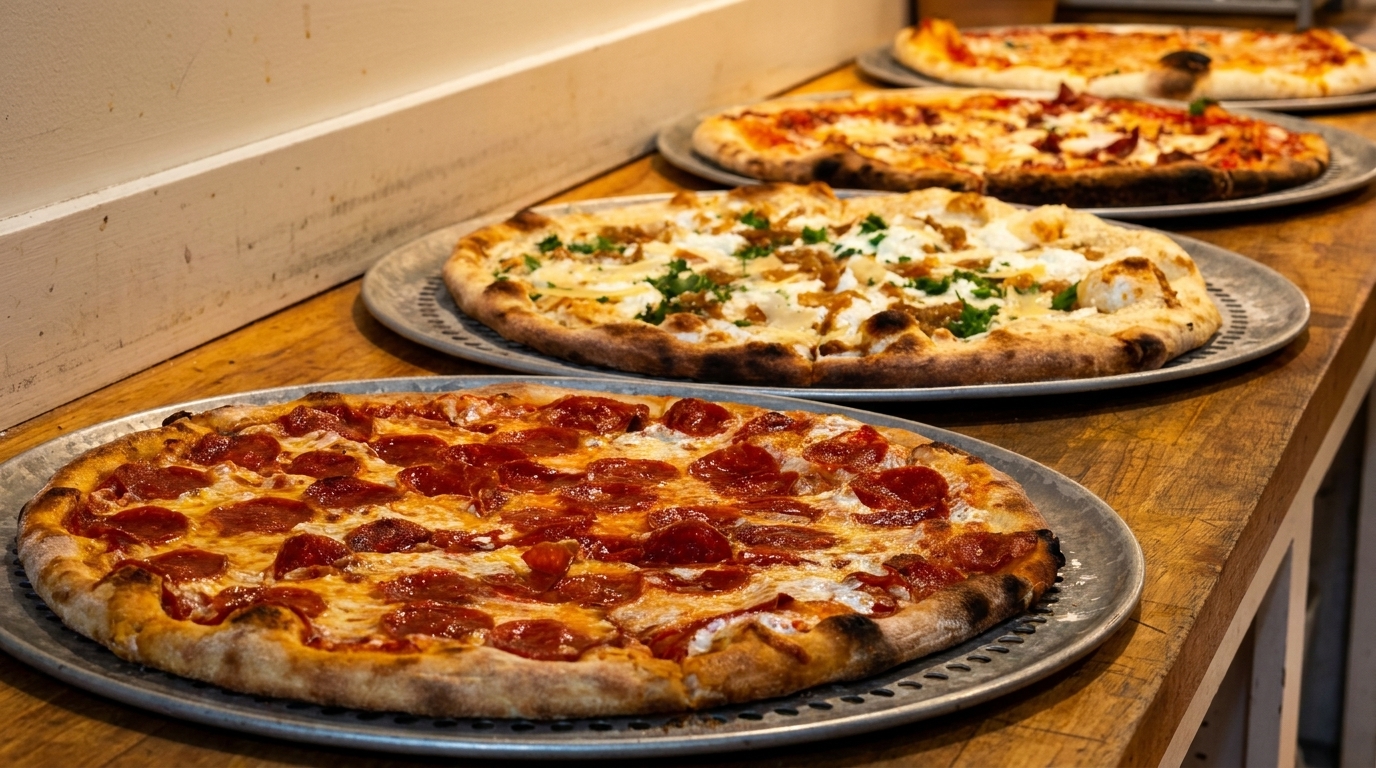 Four freshly baked pizzas, including pepperoni and white pizza, lined up on a rustic wooden counter.