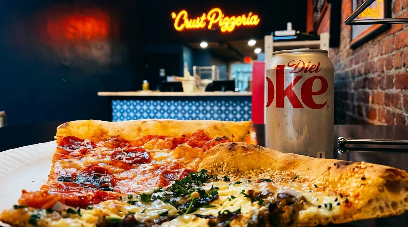 Two pizza slices and a Diet Coke can on a table, with a neon 'Crust Pizzeria' sign in the background.