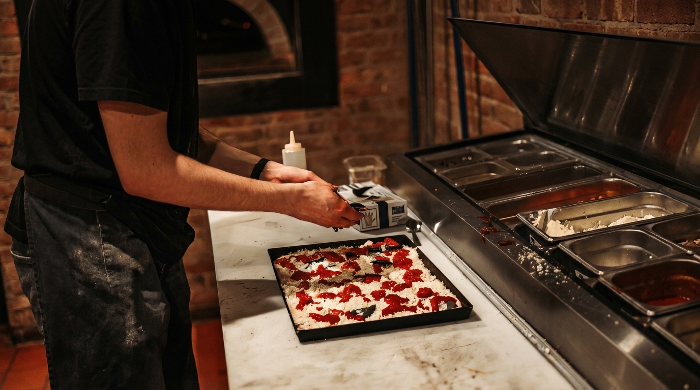 Chef preparing a square pizza with red sauce and white cheese on a marble counter.