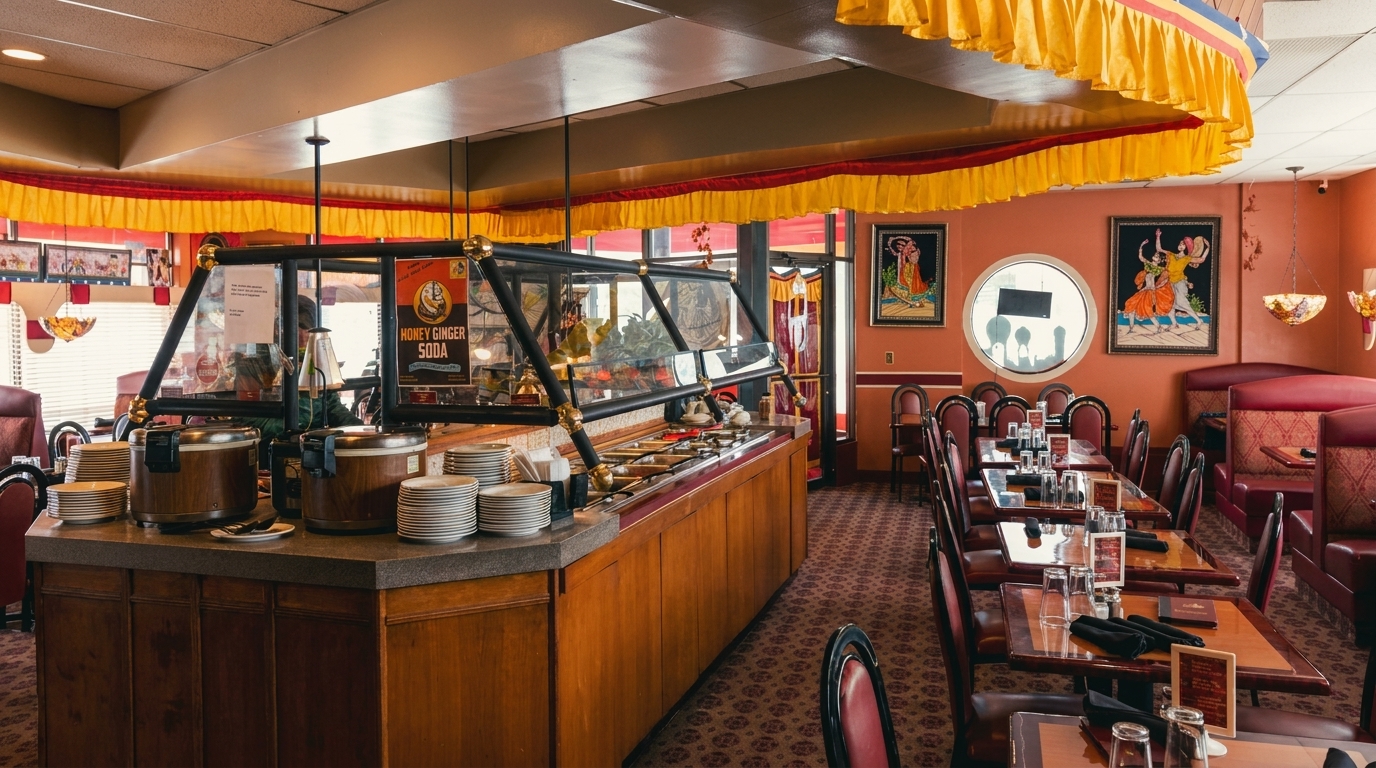 An empty restaurant interior with a buffet line, tables, red booths, and decorative wall art.
