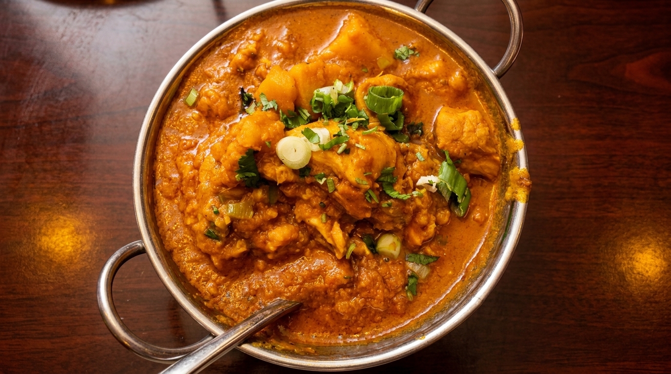 Close-up of a chicken curry dish with potatoes, garnished with fresh herbs in a metal bowl.