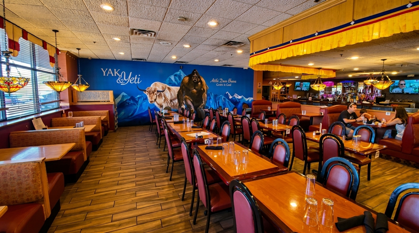 Spacious dining room with booths, tables, and a large mural of a yak and yeti on the back wall.