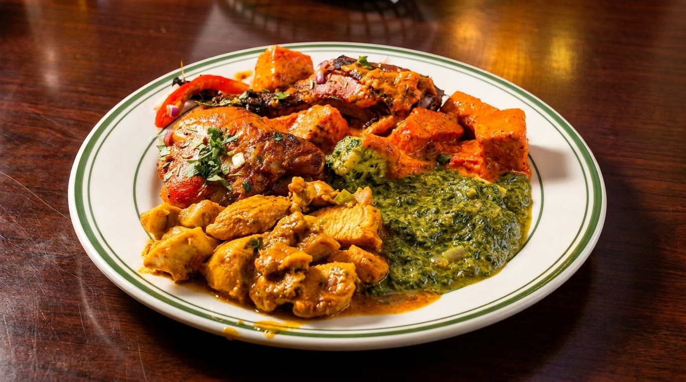 A white plate with a green rim holds a variety of Indian dishes on a wooden table.