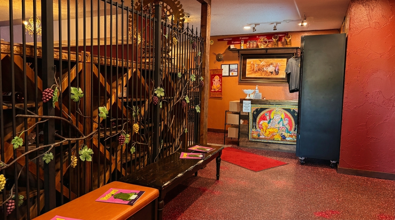 A restaurant interior with a decorative wine rack, benches, and Indian-themed artwork on orange walls.