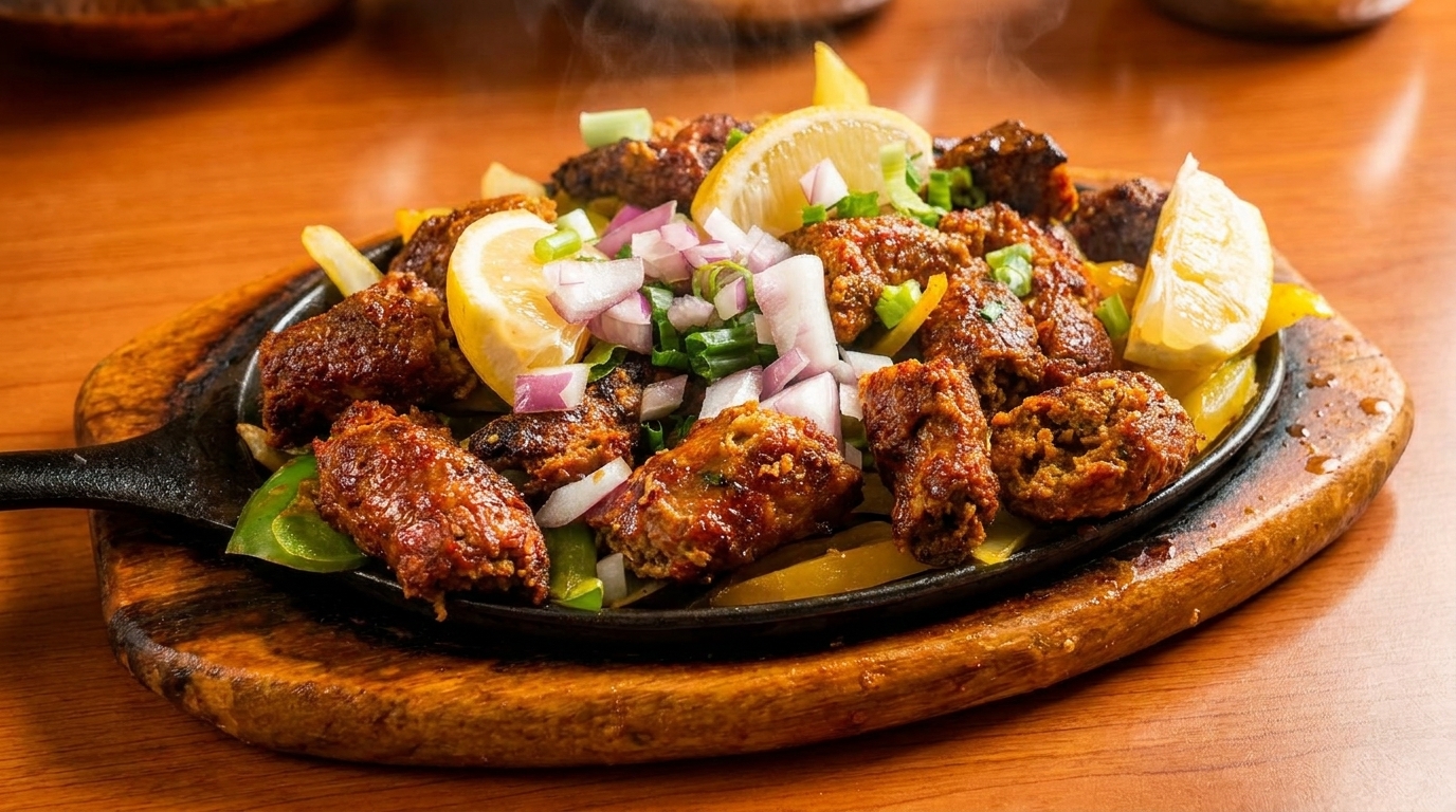 Sizzling platter of spicy kebab pieces with onions, bell peppers, and lemon wedges on a wooden board.