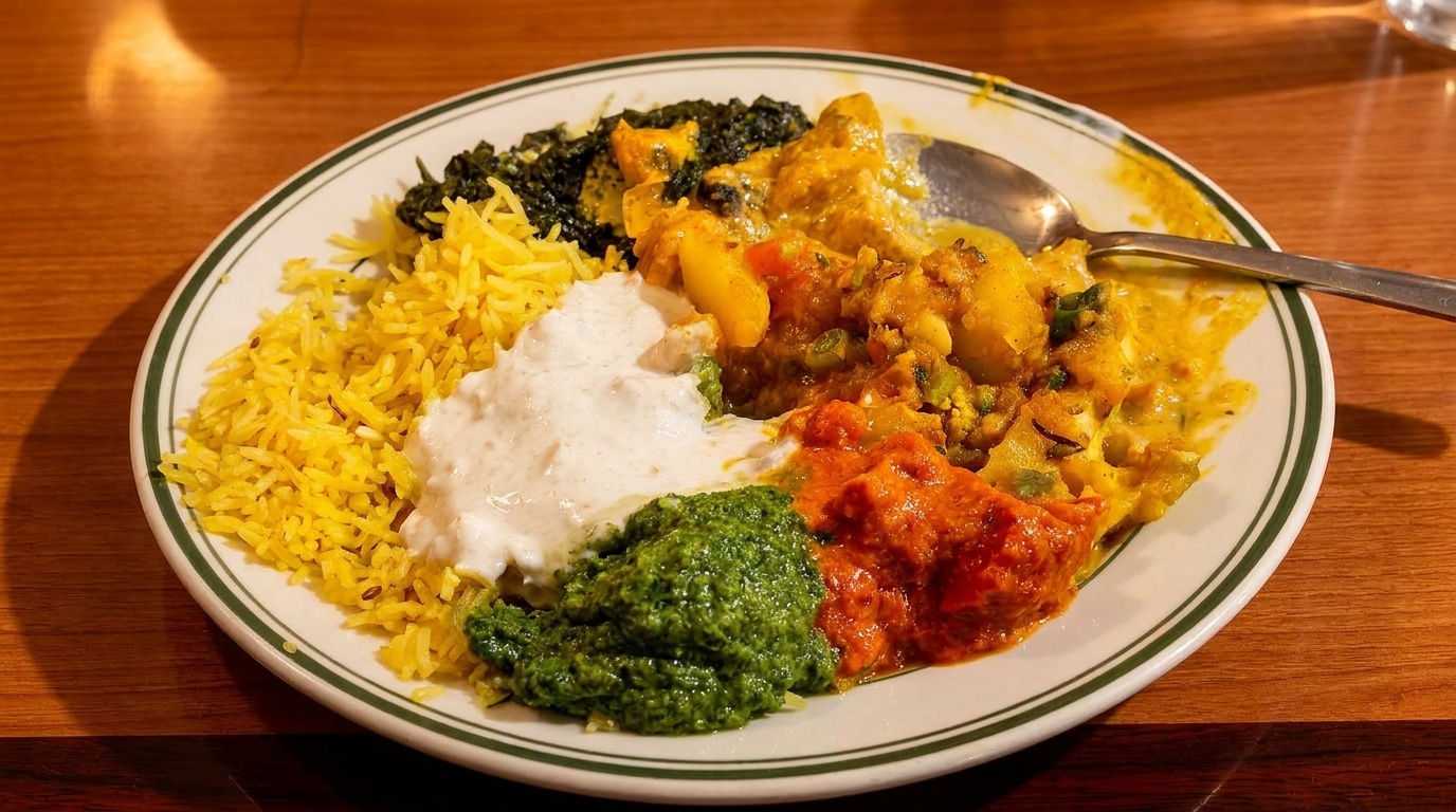 A plate of Indian food with yellow rice, various curries, and sauces on a wooden table.