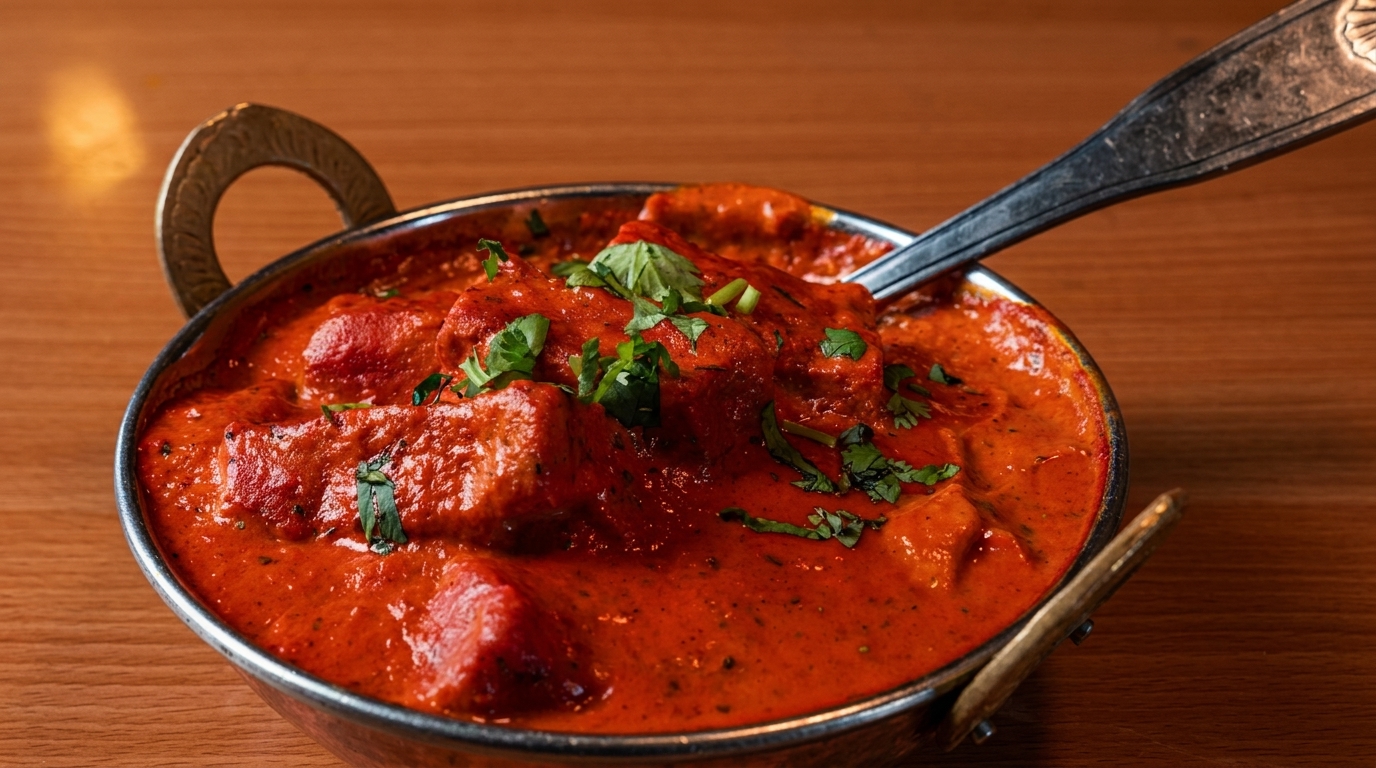 Vibrant red chicken tikka masala with fresh cilantro in a metal bowl with a spoon.