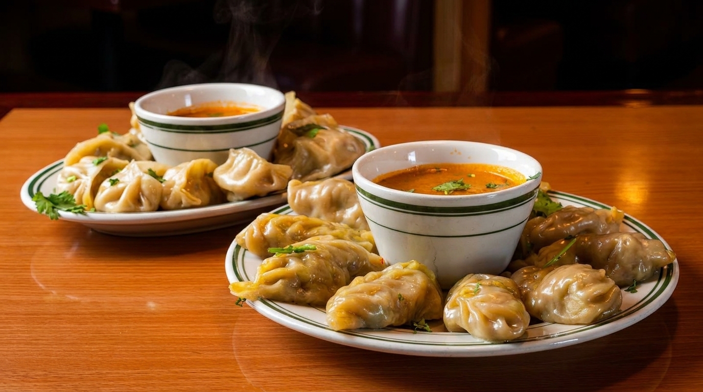 Two plates of steaming momo dumplings with dipping sauce on a wooden table.