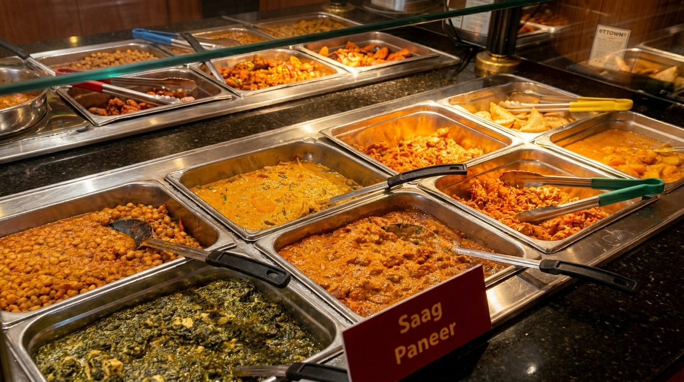 A buffet line with various Indian dishes in metal trays, including Saag Paneer.
