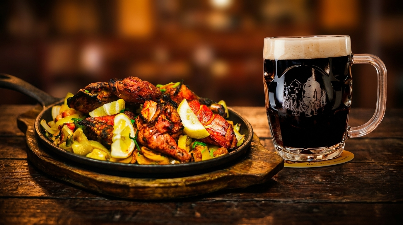 Sizzling chicken tikka with lemon wedges and vegetables in a pan, next to a dark beer mug.
