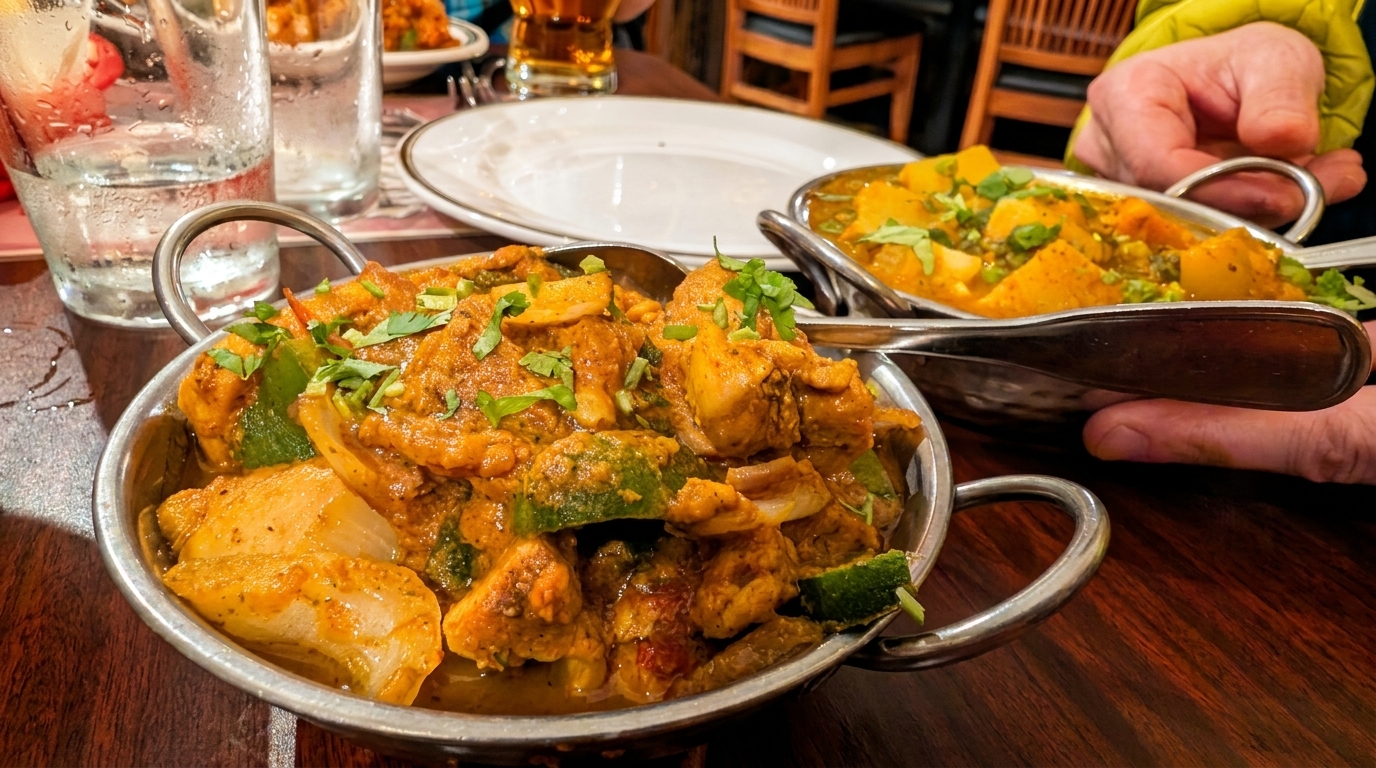 Two metal bowls of Indian curry, one with chicken and vegetables, on a wooden table.