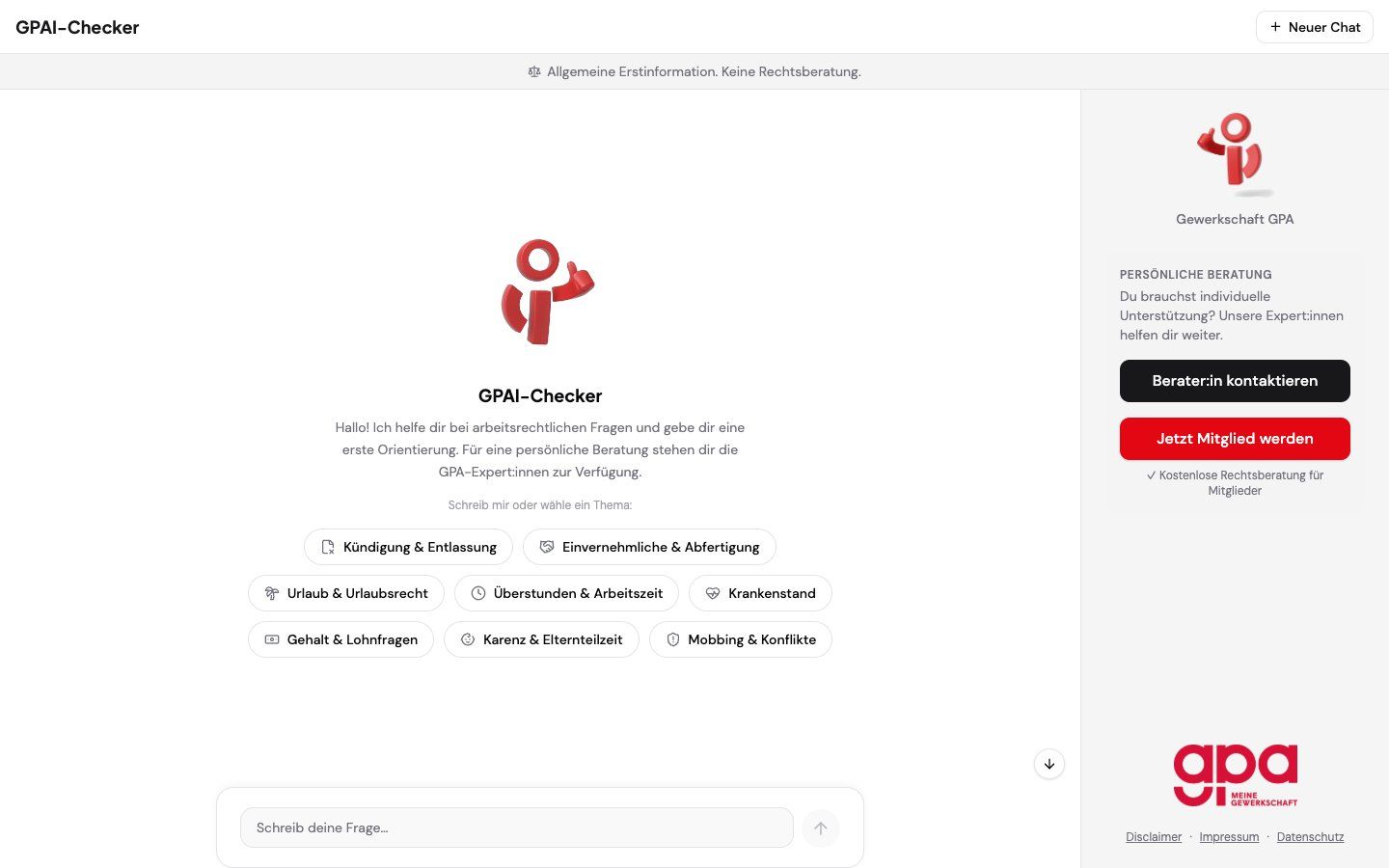 Der Einstieg auf checkts.gpa.at mit den acht Themen-Quickstarts.