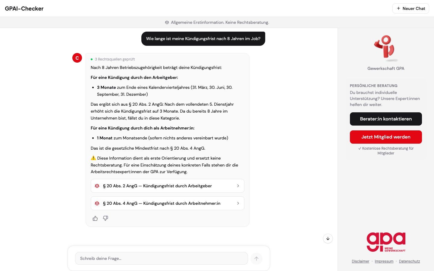 Disclaimer-Emoji unter jeder Antwort, sichtbares Handoff-Angebot zu den GPA-Berater:innen in der Sidebar.