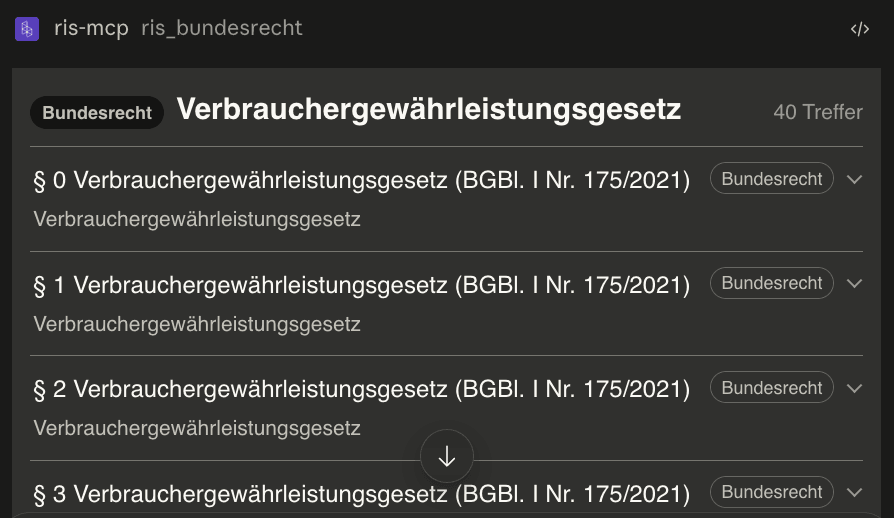 Die RIS-Trefferliste in Claude: eine Connector-Zeile „ris-mcp / ris_bundesrecht", darunter die Ergebnisliste mit den ersten Paragraphen, jeder mit dem Kennzeichen „Bundesrecht".