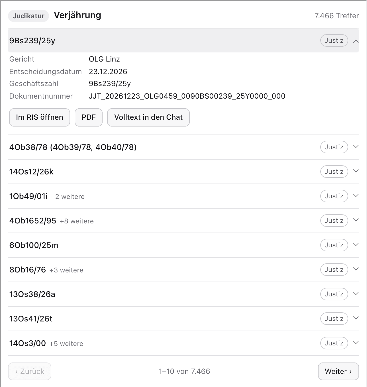 Judikatursuche zu „Verjährung" im hellen Design: Gericht, Entscheidungsdatum und Geschäftszahl am aufgeklappten Treffer, dazu die Aktionen „Im RIS öffnen", „PDF" und „Volltext in den Chat".