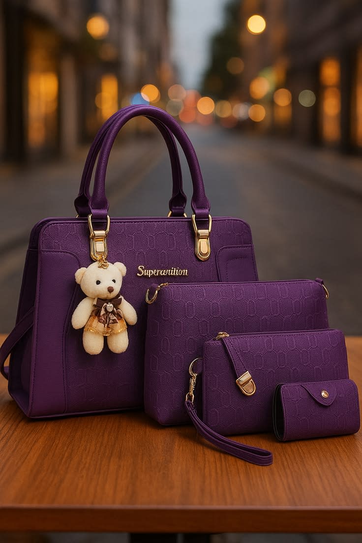 Elegant 4-Piece Royal Purple Handbag Set with Teddy Bear Charm