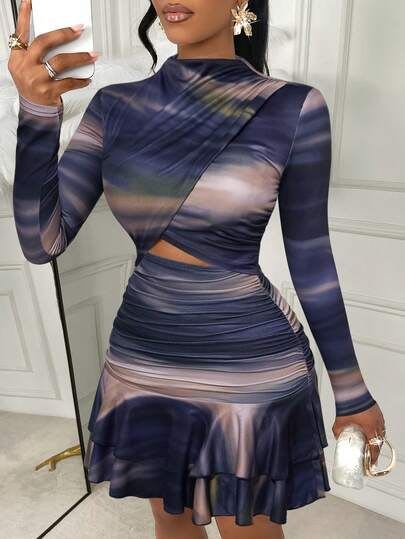 High-Neck Crisscross Cutout Mini Dress