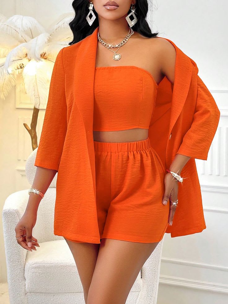 Three-Piece Blazer, Tube Top, and Shorts Set