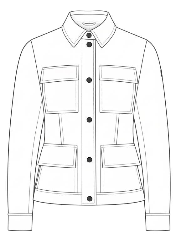 Technical drawing of a garment with four pockets and buttons