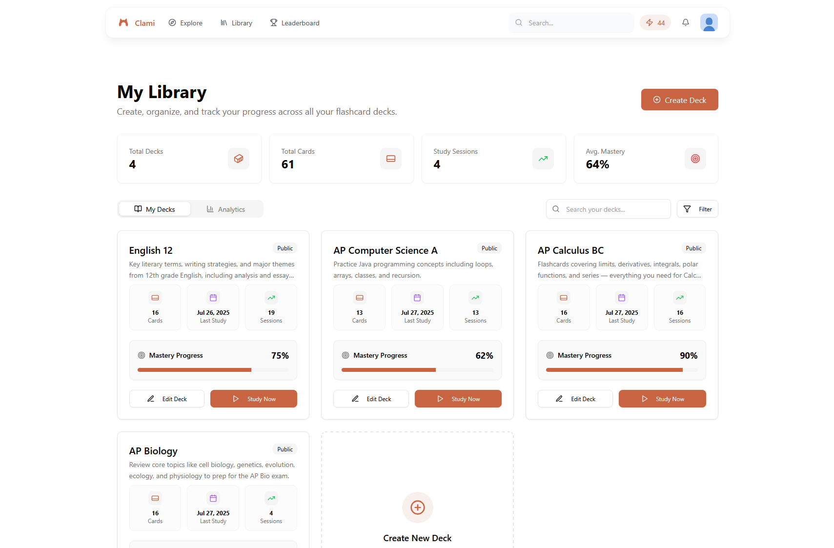 Clami AI flashcard application interface showing study dashboard