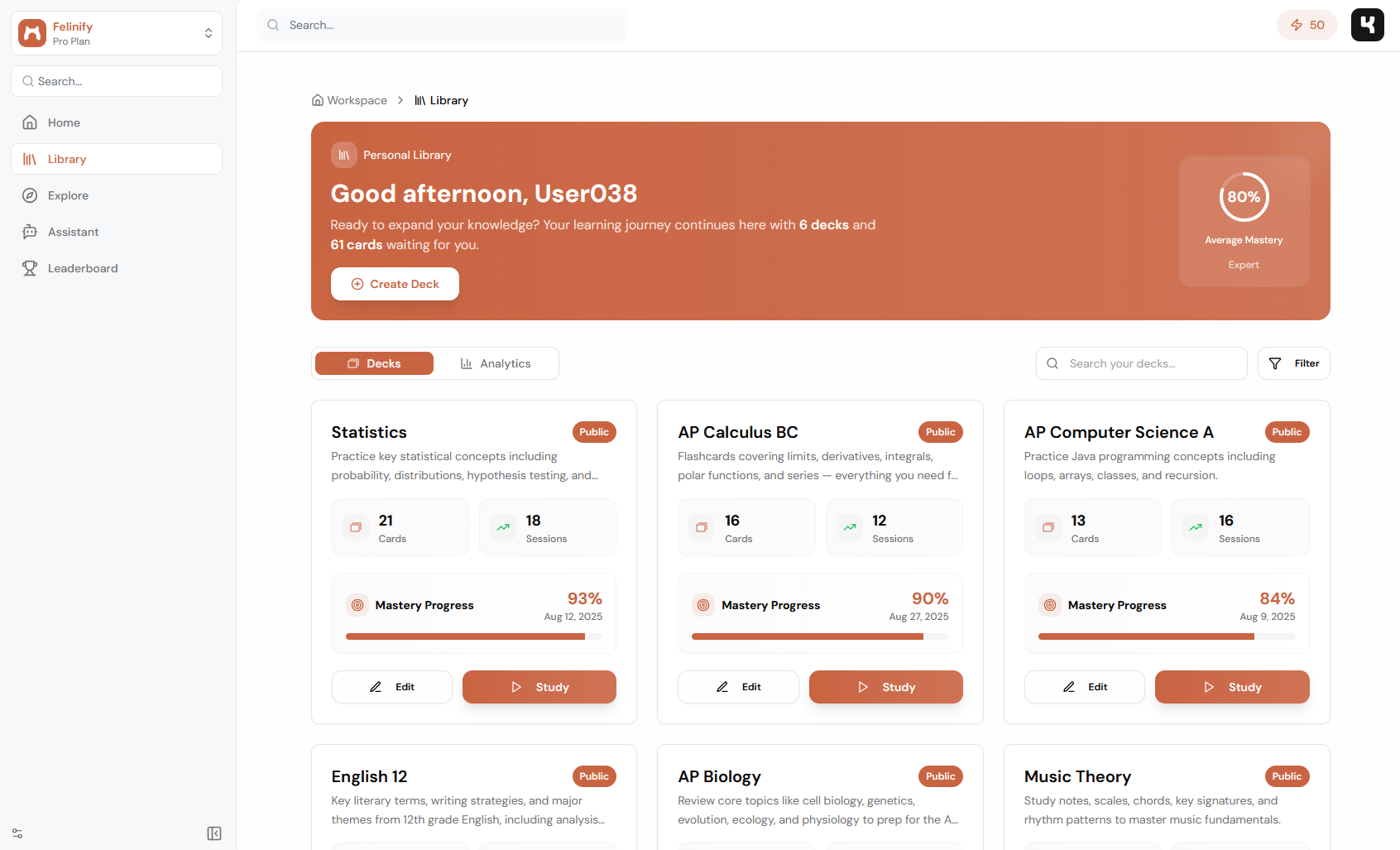Felinify AI flashcard application interface showing study dashboard