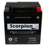 A Scorpion YIX30L Battery. Black casing with box-style lead terminals.