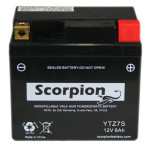 A Scorpion YTZ5S Battery. Black casing with brass terminals.