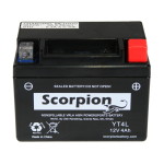 A Scorpion YT4L-BS Battery. Black casing with lead box style terminals.