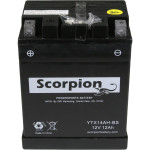 A Scorpion YTX14AH-BS Battery. Black casing with box style lead terminals.