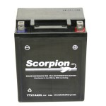 A Scorpion YTX14AHL-BS Battery. Black casing with box style lead terminals.