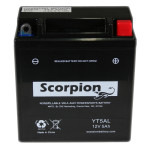 A Scorpion YT5AL Battery. Black casing with rounded lead terminals.